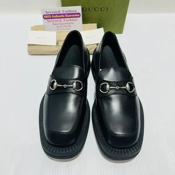 Gucci Horsebit Chunky Loafers Lug Sole Black Leather Shoes G 9/ US 9.5 NIB $990 - Picture 4 of 13